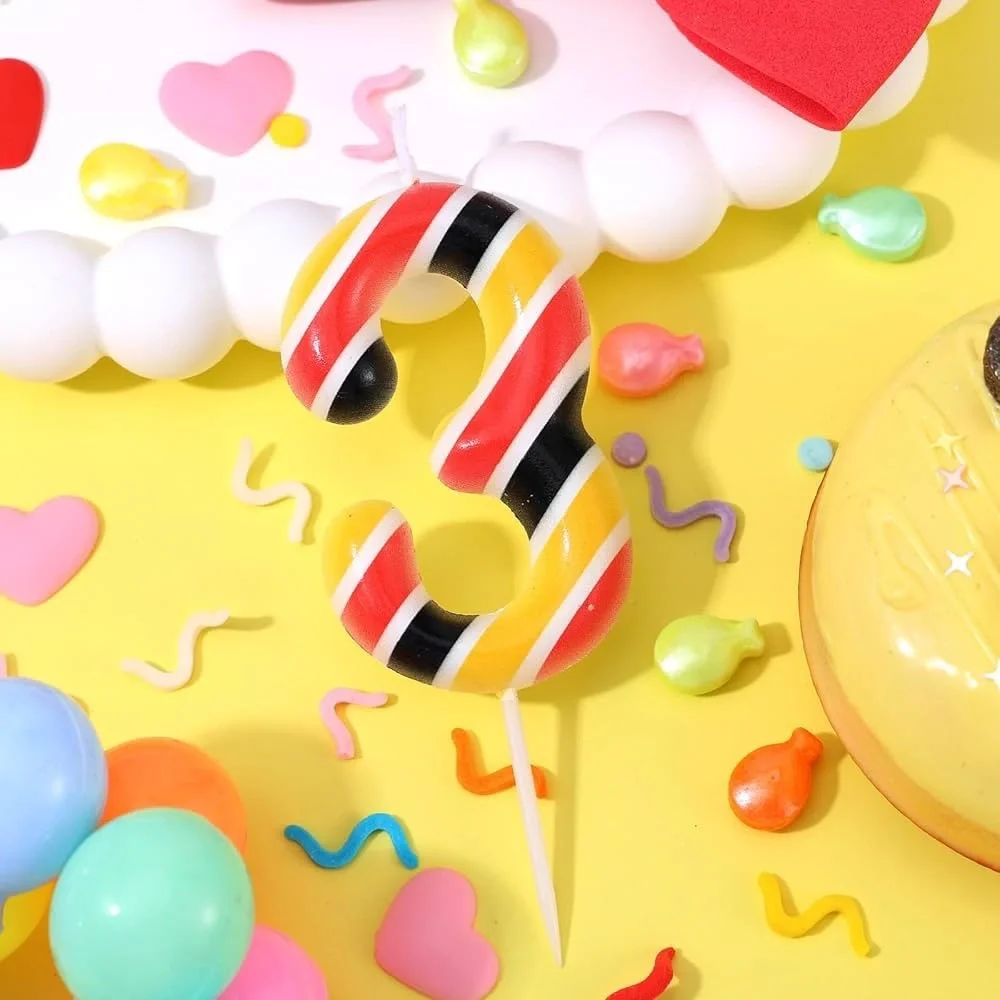 Striped Number 3 Birthday Party Candle Cake Topper - Red, Yellow, and Black